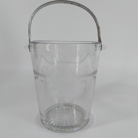 Vintage Etched‎ Glass Ice Bucket Metal Handle - Picture 1 of 6